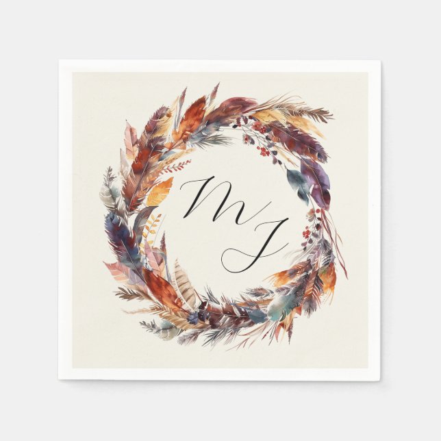 Boho Feathers Floral Wreath Monogram Wedding Napkins (Front)