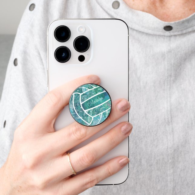boho feathers flowers paislies teal volleyball PopSocket (Hand)
