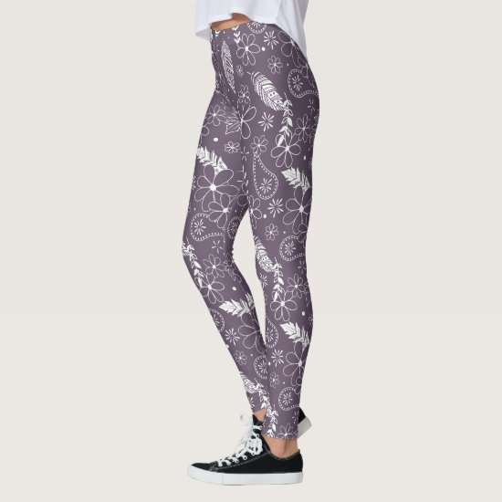 boho feathers flowers pattern on purple ANY color Leggings