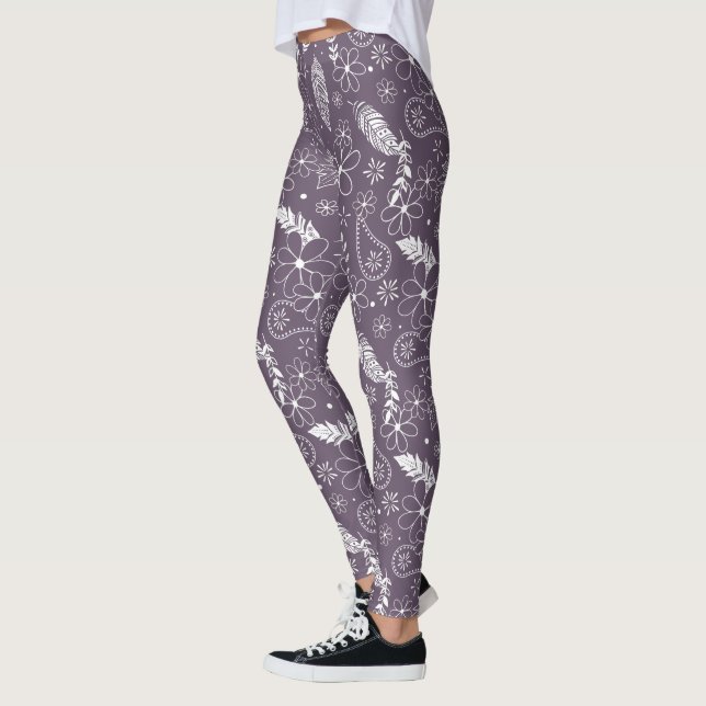 boho feathers flowers pattern on purple ANY color Leggings (Left)