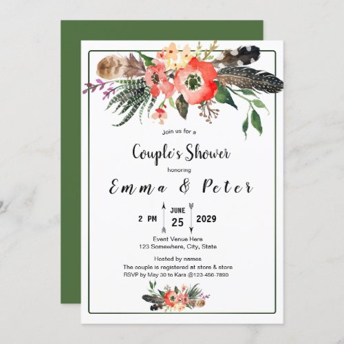 Boho Feathers Flowers Succulent Couples Shower Invitation