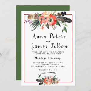 Boho Feathers Flowers Succulent Floral Wedding Invitation