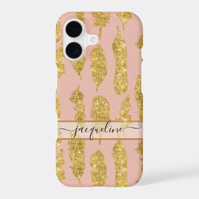 Boho Feathers Gold Glitter Blush Pink Script Name Iphone Case (Back)