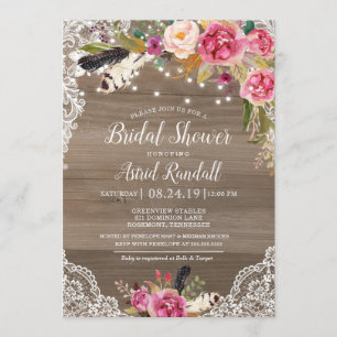 Boho Feathers & Lace Rustic Bridal or Baby Shower Invitation