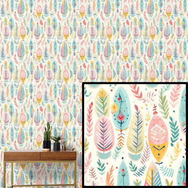 Boho Feathers Leaves Pastel Colors Wallpaper (Creator Uploaded)