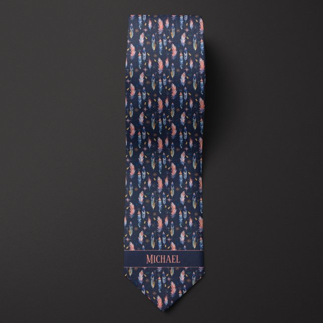 Boho Feathers on Midnight Blue Neck Tie (Creator Uploaded)