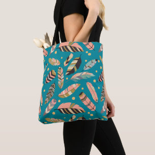 Boho Feathers on Teal Pattern Tote Bag