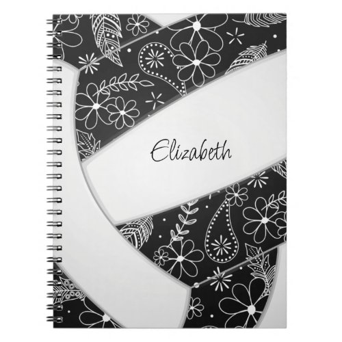 Boho feathers paislies black white volleyball notebook