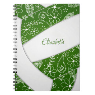 Boho feathers paislies green white volleyball notebook