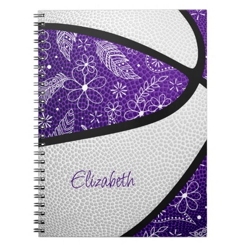 Boho feathers paislies purple white basketball notebook