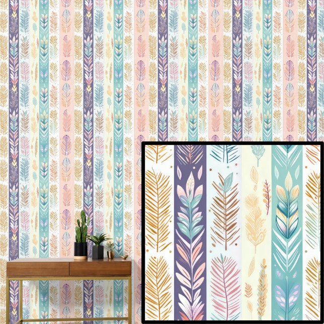 Boho Feathers Pastel Colors Striped Wallpaper (Creator Uploaded)