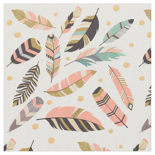 Boho Feathers Pattern on White Fabric (Close Up)