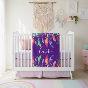 Boho feathers personalized  baby blanket