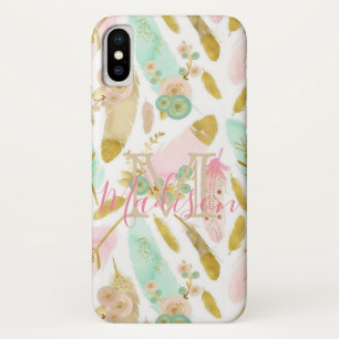 Boho Feathers Pink Blue Green Cool Initial Name iPhone X Case