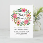 Boho Feathers Pink Floral Wreath Baby Brunch Invitation (Standing Front)