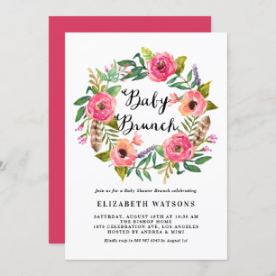 Boho Feathers Pink Floral Wreath Baby Brunch Invitation