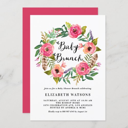 Boho Feathers Pink Floral Wreath Baby Brunch Invitation