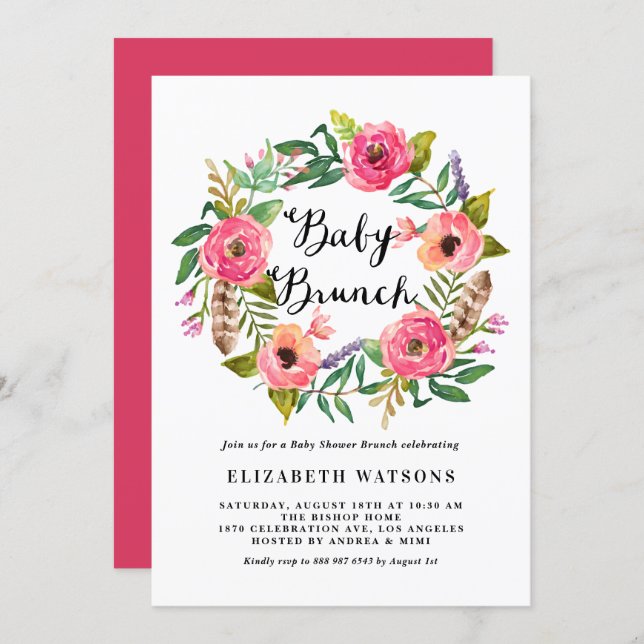Boho Feathers Pink Floral Wreath Baby Brunch Invitation (Front/Back)