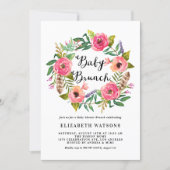 Boho Feathers Pink Floral Wreath Baby Brunch Invitation (Front)