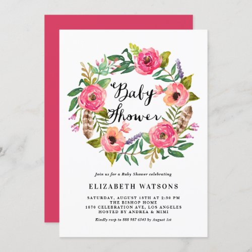 Boho Feathers Pink Floral Wreath Baby Shower Invitation
