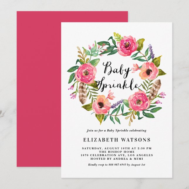 Boho Feathers Pink Floral Wreath Baby Sprinkle Invitation (Front/Back)