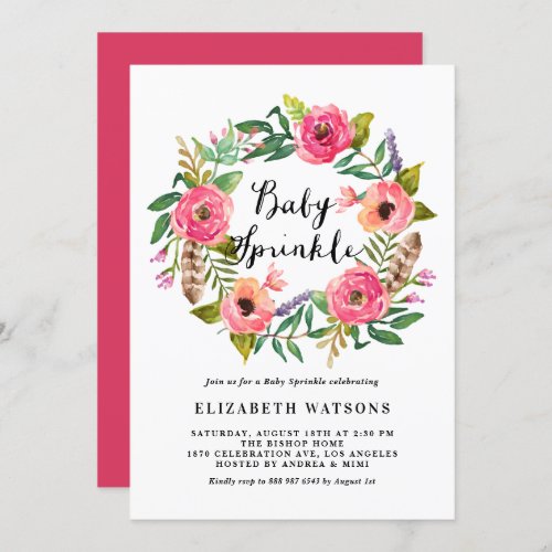 Boho Feathers Pink Floral Wreath Baby Sprinkle Invitation