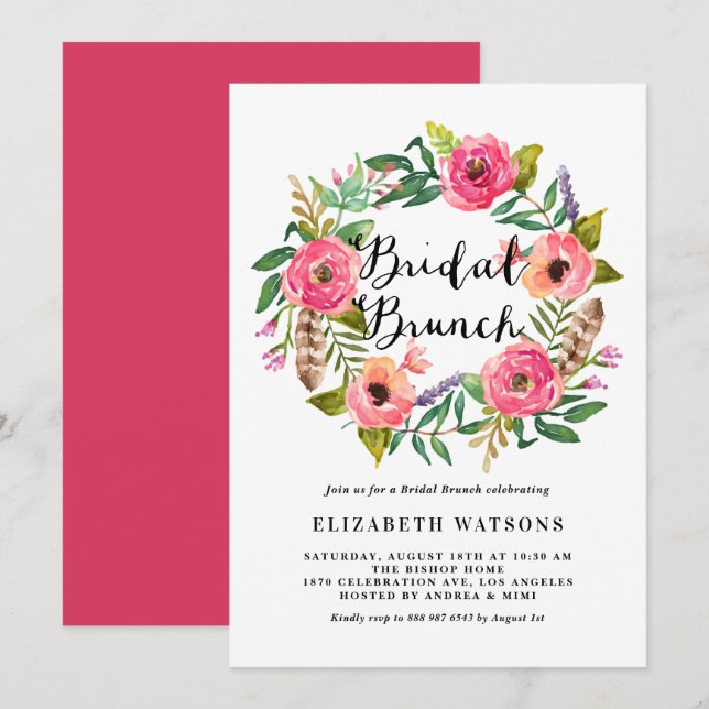 Boho Feathers Pink Floral Wreath Bridal Brunch Invitation (Front/Back)
