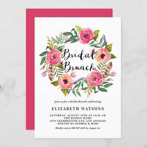 Boho Feathers Pink Floral Wreath Bridal Brunch Invitation