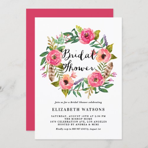Boho Feathers Pink Floral Wreath Bridal Shower Invitation