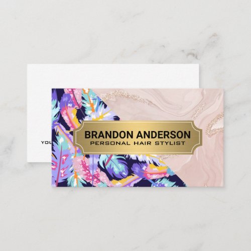 Boho Feathers  Pink Marble Business Card