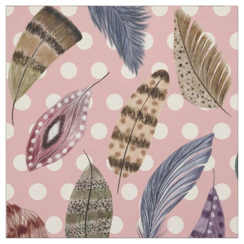 Boho Feathers Pink White Polka Dots  Fabric