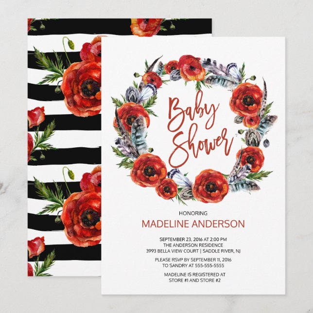 Boho Feathers Poppy Floral Fall Baby Shower Invitation (Front/Back)