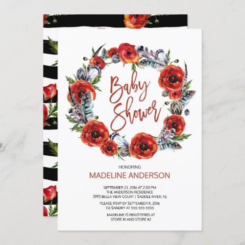 Boho Feathers Poppy Floral Fall Baby Shower Invitation