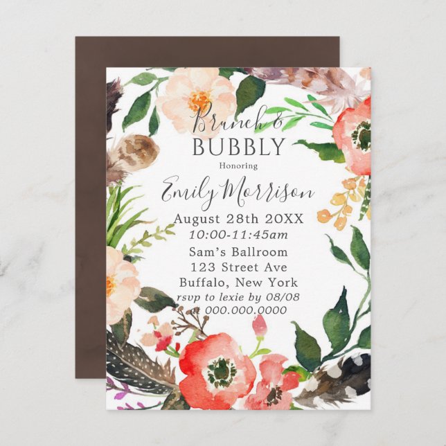 Boho Feathers Red Poppy Brunch & Bubbly Invites (Front/Back)