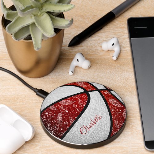 boho feathers red white girly sports basketball wireless charger 