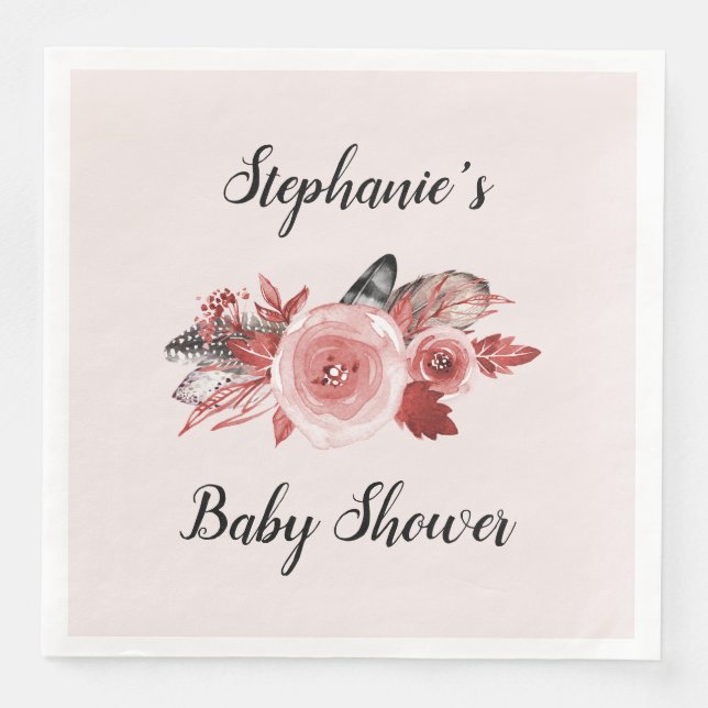 Boho Feathers Roses Blush Baby Shower Paper Dinner Napkins (Front)