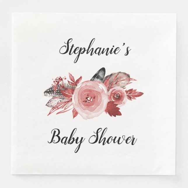 Boho Feathers Roses Burgundy Baby Shower Paper Dinner Napkins (Front)