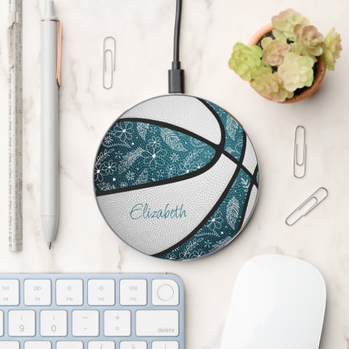 boho feathers teal girly sports basketball wireless charger 