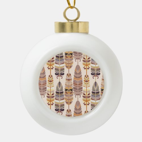 Boho Feathers Tribal Seamless Pattern Ceramic Ball Christmas Ornament