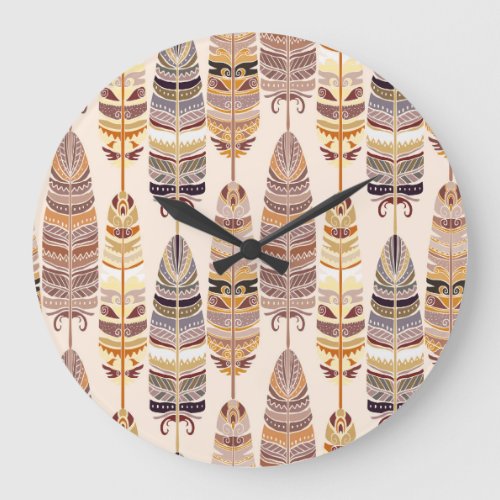 Boho Feathers Tribal Seamless Pattern Large Clock