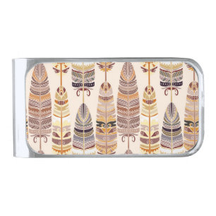 Boho Feathers: Tribal Seamless Pattern Silver Finish Money Clip