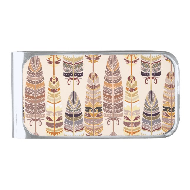 Boho Feathers: Tribal Seamless Pattern Silver Finish Money Clip (Front)