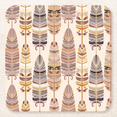 Boho Feathers Tribal Seamless Pattern Square Paper Coaster