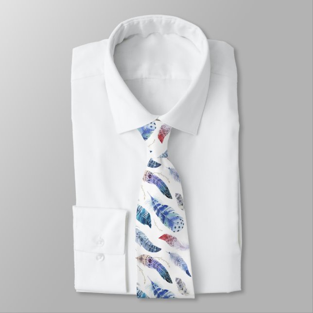 Boho Feathers Watercolor Pattern Neck Tie (Tied)