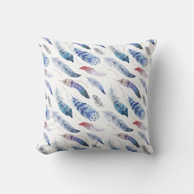 Boho Feathers Watercolor Pattern Throw Pillow (Front)