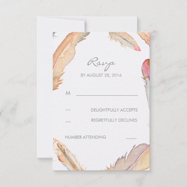 Boho Feathers Watercolor Wedding RSVP Cards (Front)