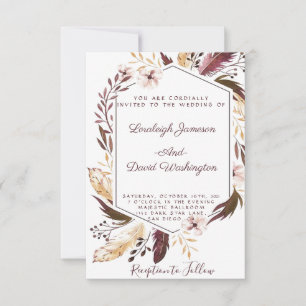 Boho feathers wedding invitation