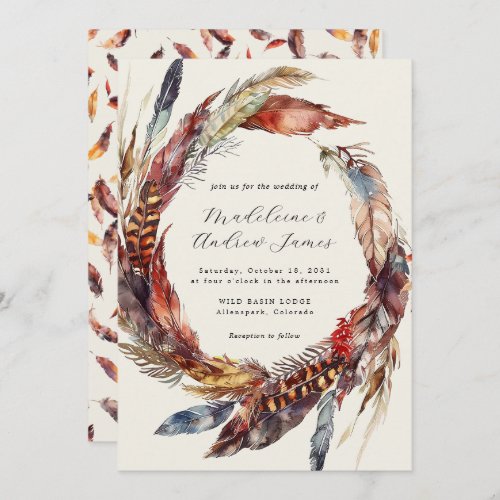 Boho Feathers Wreath Calligraphy Fall Wedding Invitation