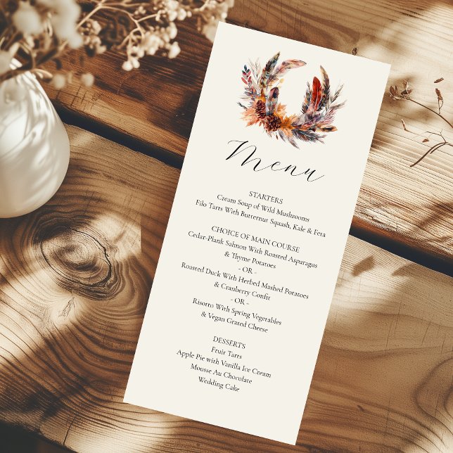 Boho Feathers Wreath Calligraphy Fall Wedding Menu (Creator Uploaded)
