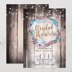 Boho Feathers Wreath & String Lights Bridal Shower Invitation